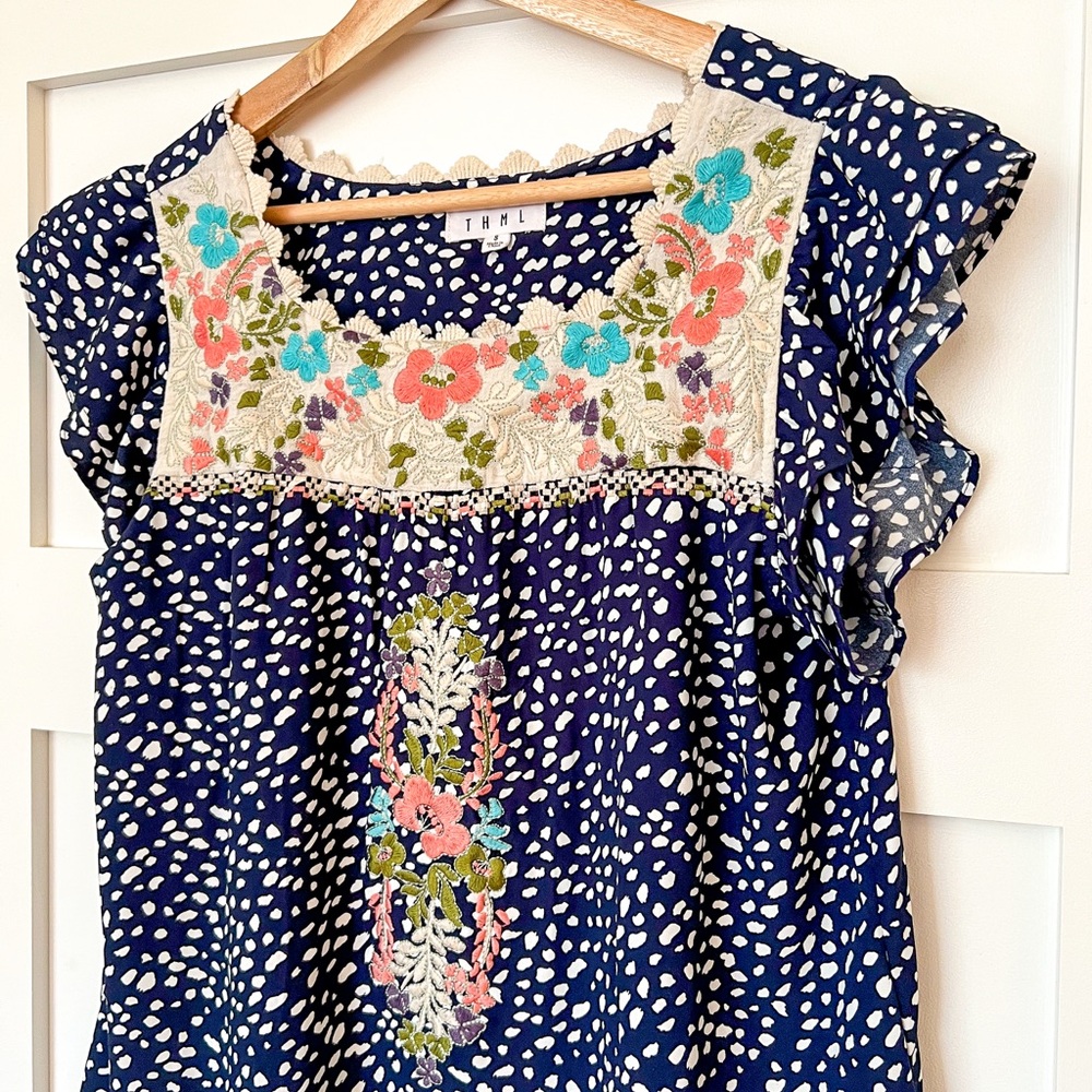 THML Navy Blouse with Floral Embroidery
